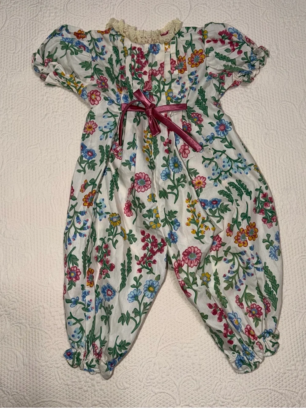 Vintage Cradle Togs White Floral Romper with Pink Trim